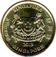 Singapore coin 5 Cents (2013 - 2015) obverse obverse of 5 Cents (2013 - 2015) coin with KM# 345 from Singapore. Inscription: SINGAPURA 新加坡 SINGAPORE சிங்கப்பூர் MAJULAH SINGAPURA 2013