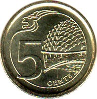 Singapore coin 5 Cents (2013 - 2015) reverse reverse of 5 Cents (2013 - 2015) coin with KM# 345 from Singapore. Inscription: 5 CENTS