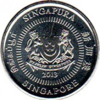 obverse of 10 Cents (2013 - 2014) coin with KM# 346 from Singapore. Inscription: SINGAPURA 新加坡 SINGAPORE சிங்கப்பூர் MAJULAH SINGAPURA 2013
