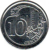 reverse of 10 Cents (2013 - 2014) coin with KM# 346 from Singapore. Inscription: 10 CENTS