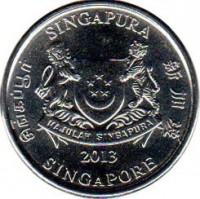 obverse of 20 Cents (2013 - 2014) coin with KM# 347 from Singapore. Inscription: SINGAPURA 新加坡 SINGAPORE சிங்கப்பூர் MAJULAH SINGAPURA 2013