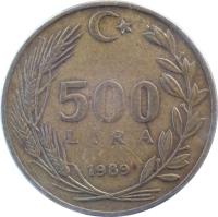 reverse of 500 Lira (1988 - 1997) coin with KM# 989 from Turkey. Inscription: 500 LIRA 1989