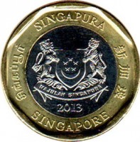 obverse of 1 Dollar (2013 - 2015) coin with KM# 314 from Singapore. Inscription: SINGAPURA 新加坡 SINGAPORE சிங்கப்பூர் MAJULAH SINGAPURA 2013