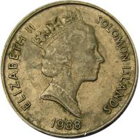 Solomon Islands coin 10 Cents - Elizabeth II - Non magnetic; 3'rd Portrait (1988) obverse obverse of 10 Cents - Elizabeth II - Non magnetic; 3'rd Portrait (1988) coin with KM# 27 from Solomon Islands. Inscription: ELIZABETH II SOLOMON ISLANDS 1988