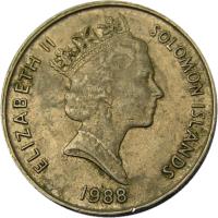 obverse of 10 Cents - Elizabeth II - Non magnetic; 3'rd Portrait (1988) coin with KM# 27 from Solomon Islands. Inscription: ELIZABETH II SOLOMON ISLANDS 1988