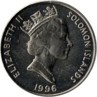 obverse of 20 Cents - Elizabeth II - 3'rd Portrait (1987 - 2008) coin with KM# 28 from Solomon Islands. Inscription: ELIZABETH II SOLOMON ISLANDS 2005
