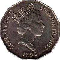 obverse of 50 Cents - Elizabeth II - Non magnetic; 3'rd Portrait (1990 - 2005) coin with KM# 29 from Solomon Islands. Inscription: ELIZABETH II SOLOMON ISLANDS 2005