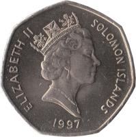 obverse of 1 Dollar - Elizabeth II - Non magnetic; 3'rd Portrait (1996 - 2005) coin with KM# 72 from Solomon Islands. Inscription: ELIZABETH II SOLOMON ISLANDS 2005