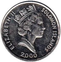 obverse of 10 Cents - Elizabeth II - 3'rd Portrait; Magnetic (1990 - 2010) coin with KM# 27a from Solomon Islands. Inscription: ELIZABETH II SOLOMON ISLANDS 2005