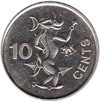 Solomon Islands coin 10 Cents - Elizabeth II - 3'rd Portrait; Magnetic (1990 - 2010) reverse reverse of 10 Cents - Elizabeth II - 3'rd Portrait; Magnetic (1990 - 2010) coin with KM# 27a from Solomon Islands. Inscription: 10 CENTS