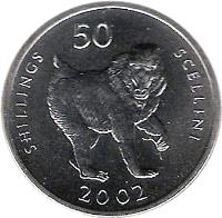 reverse of 50 Shilllings (2002) coin with KM# 111 from Somalia. Inscription: SHILLINGS 50 SCELLINI 2002