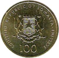 obverse of 100 Shillings (2002) coin with KM# 112 from Somalia. Inscription: REPUBLIC OF SOMALIA SHILLINGS 100 SCELLINI