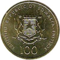 Somalia coin 100 Shillings (2002) obverse obverse of 100 Shillings (2002) coin with KM# 112 from Somalia. Inscription: REPUBLIC OF SOMALIA SHILLINGS 100 SCELLINI