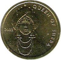 reverse of 100 Shillings (2002) coin with KM# 112 from Somalia. Inscription: QUEEN OF SHEBA 2002