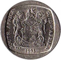 obverse of 1 Rand - SOUTH AFRICA - SUID-AFRIKA (1991 - 1995) coin with KM# 138 from South Africa. Inscription: SOUTH AFRICA SUID-AFRIKA EX UNITATE VIRES 1995 ALS