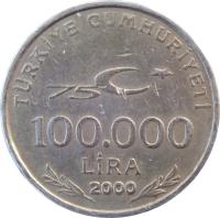 Turkey coin 100000 Lira - 75th Anniversary of the Republic of Turkey (1999 - 2000) reverse reverse of 100000 Lira - 75th Anniversary of the Republic of Turkey (1999 - 2000) coin with KM# 1078 from Turkey. Inscription: TÜRKİYE CUMHURİYETİ 75 100.000 LİRA 2000