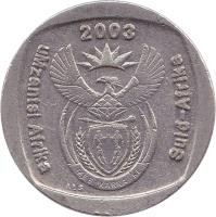 obverse of 1 Rand - UMZANTSI AFRIKA - SUID AFRIKA (2003) coin with KM# 332 from South Africa. Inscription: uMzantsi Afrika 2003 Suid-Afrika ALS