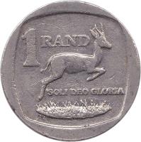 reverse of 1 Rand - UMZANTSI AFRIKA - SUID AFRIKA (2003) coin with KM# 332 from South Africa. Inscription: 1 RAND SOLI DEO GLORIA LL