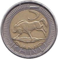 reverse of 5 Rand - AFRIKA DZONGA - NINGIZIMU AFRIKA (2004) coin with KM# 281 from South Africa. Inscription: 5 RAND ALS SARB SARB...