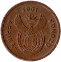 South Africa coin 5 Cents - AFRIKA-DZONGA (2000 - 2001) obverse obverse of 5 Cents - AFRIKA-DZONGA (2000 - 2001) coin with KM# 223 from South Africa. Inscription: AFRIKA-DZONGA 2000 ALS