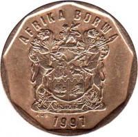 obverse of 50 Cents - AFRIKA BORWA (1996 - 2000) coin with KM# 163 from South Africa. Inscription: AFRIKA BORWA EX UNITATE VIRES 1996 ALS