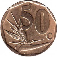 reverse of 50 Cents - AFRIKA BORWA (1996 - 2000) coin with KM# 163 from South Africa. Inscription: 50c LL