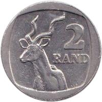 reverse of 2 Rand - ININGIZIMU AFRIKA - ISEWULA AFRIKA (2003) coin with KM# 335 from South Africa. Inscription: 2 RAND ALS