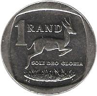 reverse of 1 Rand - ININGIZIMU AFRIKA - UMZANTSI AFRIKA (2004) coin with KM# 333 from South Africa. Inscription: 1 RAND SOLI DEO GLORIA LL