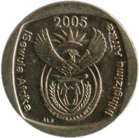 obverse of 1 Rand - ISEWULA AFRIKA - ININGIZIMU AFRIKA (2005) coin with KM# 295 from South Africa. Inscription: iSewula Afrika 2005 iNingizimu Afrika ALS