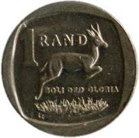 reverse of 1 Rand - ISEWULA AFRIKA - ININGIZIMU AFRIKA (2005) coin with KM# 295 from South Africa. Inscription: 1 RAND SOLI DEO GLORIA LL