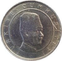 Turkey coin 100 Bin Lira (2001 - 2004) obverse obverse of 100 Bin Lira (2001 - 2004) coin with KM# 1106 from Turkey. Inscription: TÜRKİYE CUMHURİYETİ