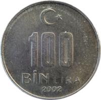 Turkey coin 100 Bin Lira (2001 - 2004) reverse reverse of 100 Bin Lira (2001 - 2004) coin with KM# 1106 from Turkey. Inscription: 100 BIN LIRA 2003