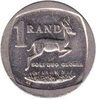 reverse of 1 Rand - AFURIKA TSHIPEMBE - ISEWULA AFRIKA (2006) coin with KM# 490 from South Africa. Inscription: 1 RAND SOLI DEO GLORIA LL