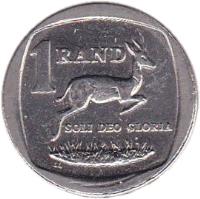 reverse of 1 Rand - NINGIZIMU AFRIKA - AFURIKA TSHIPEMBE (2007) coin with KM# 344 from South Africa. Inscription: 1 RAND SOLI DEO GLORIA LL