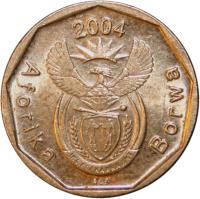 South Africa coin 10 Cents - AFORIKA BORWA (2004) obverse obverse of 10 Cents - AFORIKA BORWA (2004) coin with KM# 326 from South Africa. Inscription: 2004 Aforika Borwa ALS