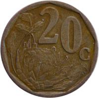 South Africa coin 20 Cents - AFORIKA BORWA (2000 - 2001) reverse reverse of 20 Cents - AFORIKA BORWA (2000 - 2001) coin with KM# 225 from South Africa. Inscription: 20c SE