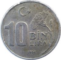 reverse of 10 Bin Lira (1994 - 2000) coin with KM# 1027 from Turkey. Inscription: 10 BİN LİRA 1997