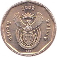 South Africa coin 20 Cents - SOUTH AFRICA (2002) obverse obverse of 20 Cents - SOUTH AFRICA (2002) coin with KM# 270 from South Africa. Inscription: South Africa 2002 ALS