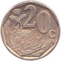 South Africa coin 20 Cents - SOUTH AFRICA (2002) reverse reverse of 20 Cents - SOUTH AFRICA (2002) coin with KM# 270 from South Africa. Inscription: 20c SE