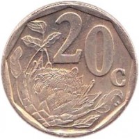 reverse of 20 Cents - SOUTH AFRICA (2002) coin with KM# 270 from South Africa. Inscription: 20c SE