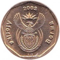 obverse of 20 Cents - AFORIKA BORWA (2003) coin with KM# 327 from South Africa. Inscription: Aforika Borwa 2003 ALS