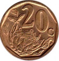 reverse of 20 Cents - Afrika Borwa (2004) coin with KM# 328 from South Africa. Inscription: 20c SE