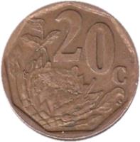 reverse of 20 Cents - SUID AFRICA (2005) coin with KM# 293 from South Africa. Inscription: 20c SE