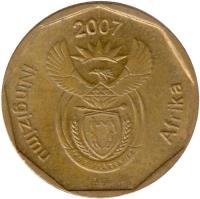 obverse of 20 Cents - ININGIZIMU AFRIKA (2007) coin with KM# 342 from South Africa. Inscription: iNingizimu Afrika 2007 ALS