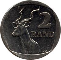South Africa coin 2 Rand - UMZANTSI AFRIKA (2000 - 2001) reverse reverse of 2 Rand - UMZANTSI AFRIKA (2000 - 2001) coin with KM# 228 from South Africa. Inscription: 2 RAND ALS