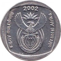 obverse of 2 Rand - ININGIZIMU AFRIKA - UMZANTSI AFRIKA (2002) coin with KM# 273 from South Africa. Inscription: iNingizimu Afrika 2002 uMzantsi Afrika ALS