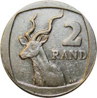 South Africa coin 2 Rand - AFURIKA TSHIPEMBE - ISEWULA AFRIKA (2004) reverse reverse of 2 Rand - AFURIKA TSHIPEMBE - ISEWULA AFRIKA (2004) coin with KM# 336 from South Africa. Inscription: 2 RAND ALS