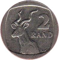 reverse of 2 Rand - NINGZIMU AFRIKA - AFURIKA TSHIPEMBE (2005) coin with KM# 296 from South Africa. Inscription: 2 RAND ALS