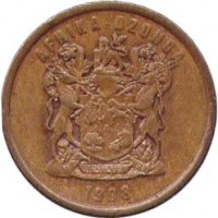 South Africa coin 5 Cents - AFRIKA-DZONGA (1996 - 2000) obverse obverse of 5 Cents - AFRIKA-DZONGA (1996 - 2000) coin with KM# 160 from South Africa. Inscription: AFRIKA-DZONGA EX UNITATE VIRES 1997 ALS