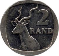 South Africa coin 2 Rand - UMZANTSI AFRIKA (1996 - 2000) reverse reverse of 2 Rand - UMZANTSI AFRIKA (1996 - 2000) coin with KM# 165 from South Africa. Inscription: 2 RAND ALS
